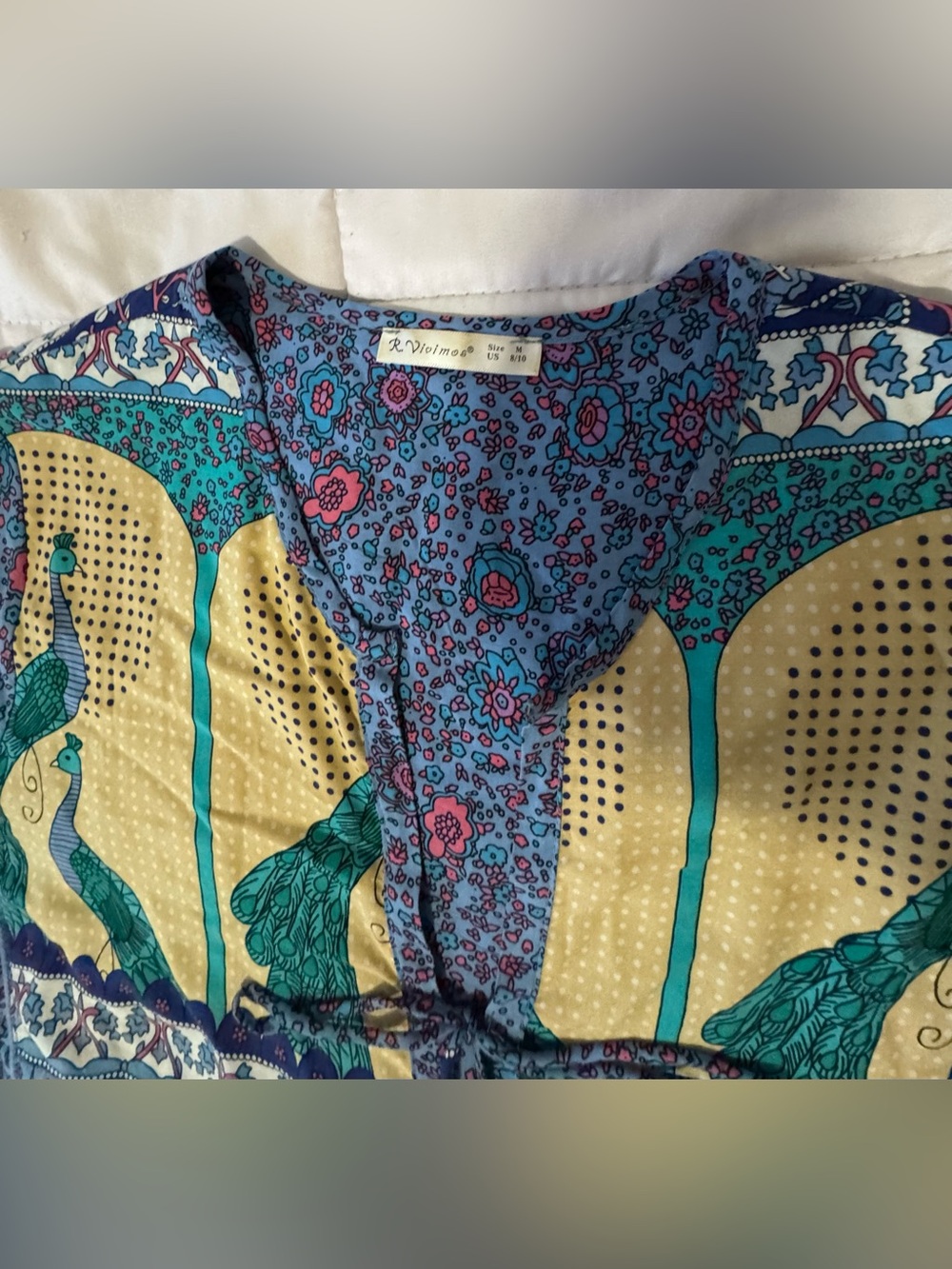 Boho Maxi Dress with Peacock Motif in Blue and Cream Sz M - Picture 11 of 11